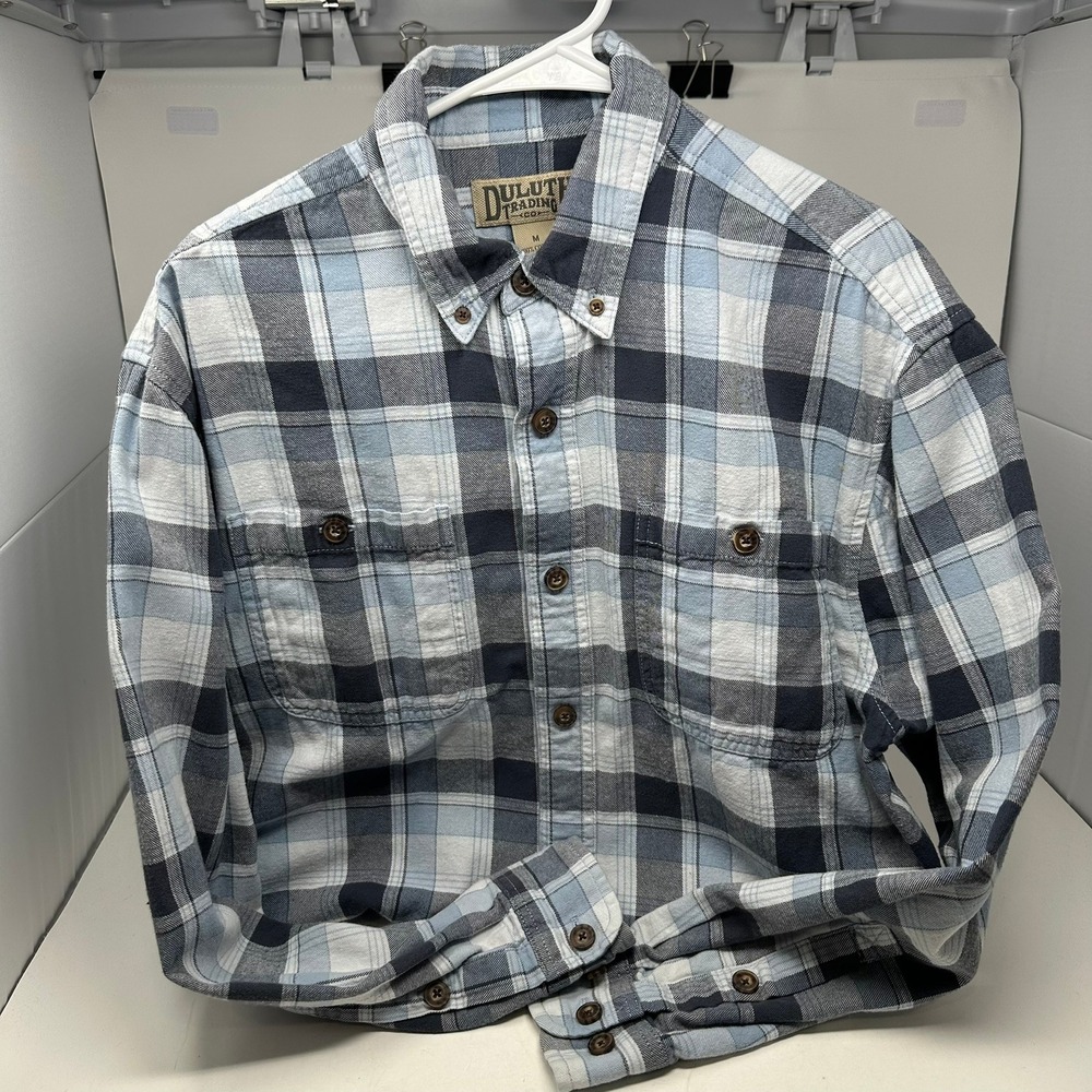 Duluth Trading Co Flannel Shirt Men M Blue Grey Plaid Button Down 52007 Cotton